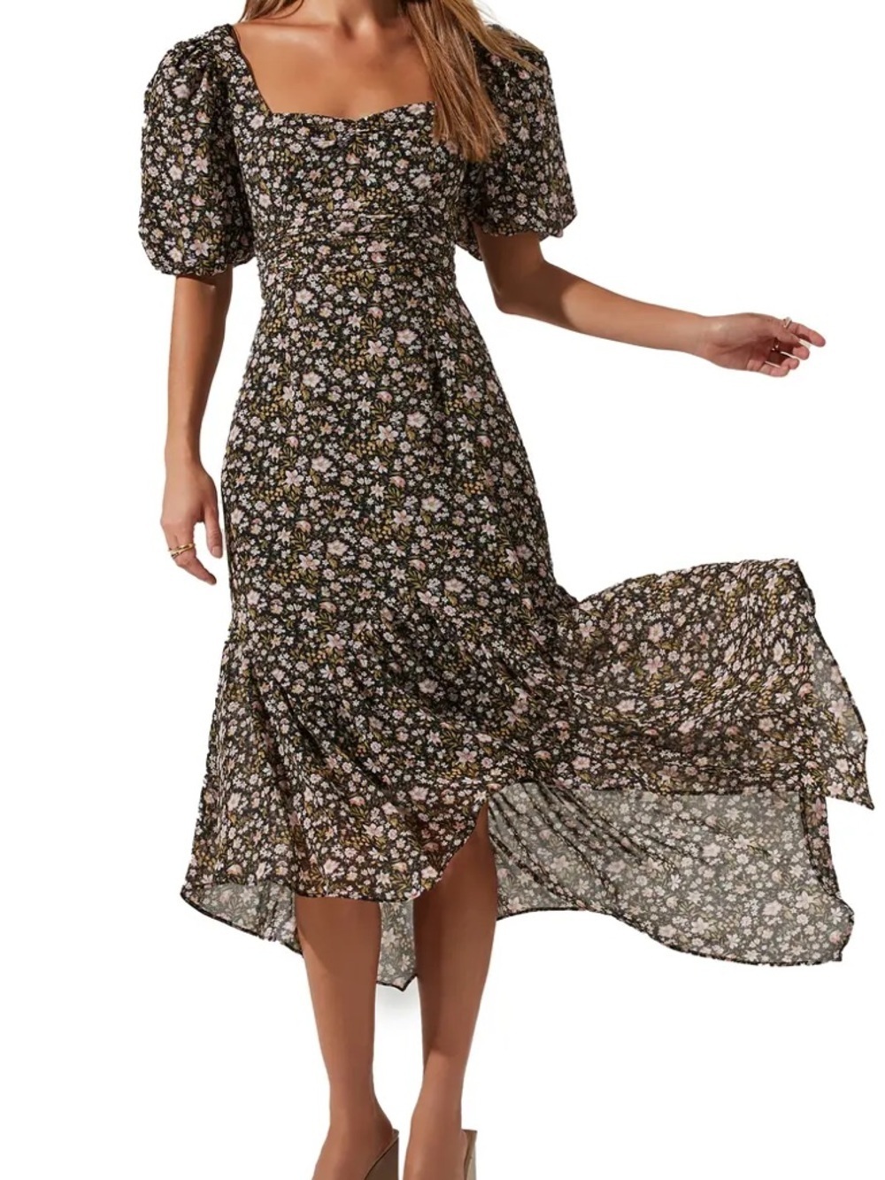 ASTR Floral Puff-Sleeve High-Low Midi Dress in Black and Pink